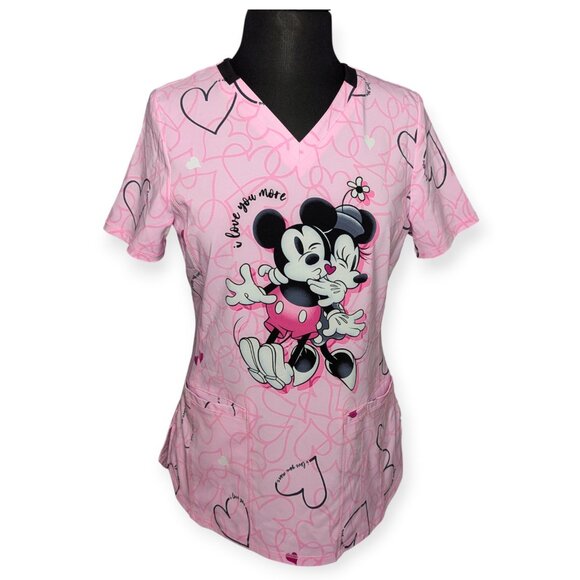 Disney Tops - Cherokee Infinity Love You More Pink Disney Mickey & Minnie Mouse Scrub Top Sm